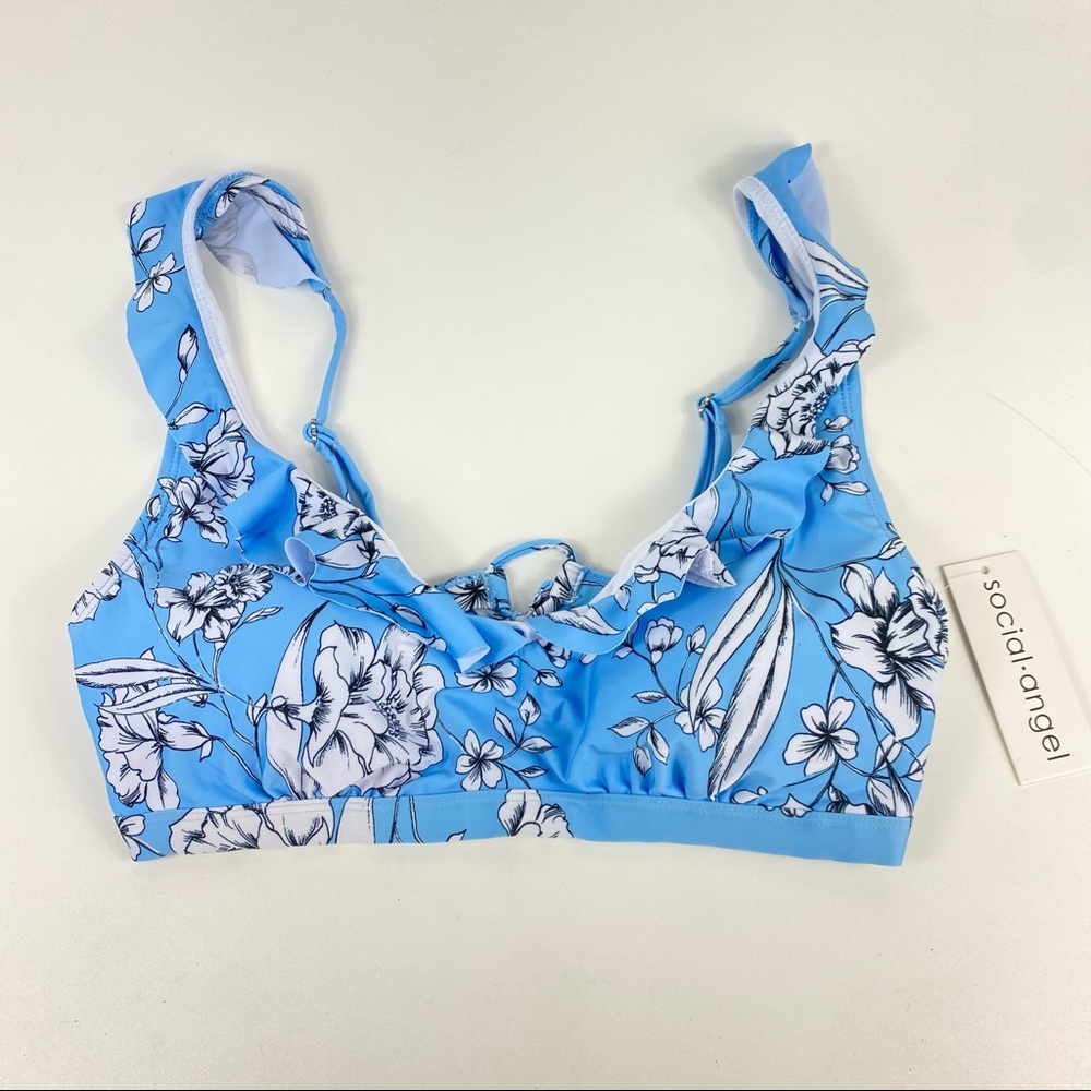 Social Angel Women Bikini Top Size XL Blue White Floral Flower Padded Swim